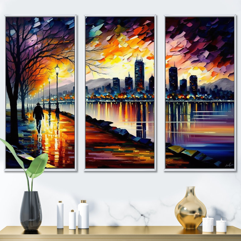 «Vancouver Skyline At Sunset II», reproduction sur toile 3 pièces, H 28 po x l 36 po x P 1 po, Cadre flottant blanc