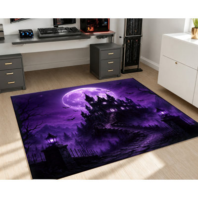 Tapis Spooky Halloween Castle, motif de chauve-souris pleine lune, tapis antidérapant de style rétro de style gothique, décoration intérieure pour salon, chambre à coucher, entrée, cuisine, balcon, appartement