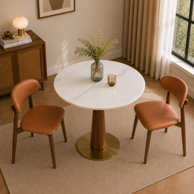 Ensemble de salle à manger bistro moderne 3 pièces, table ronde en pierre frittée de 33,5 po avec pied central en bois d'hévéa cannelé et 2 chaises de salle à manger rembourrées pour petits espaces