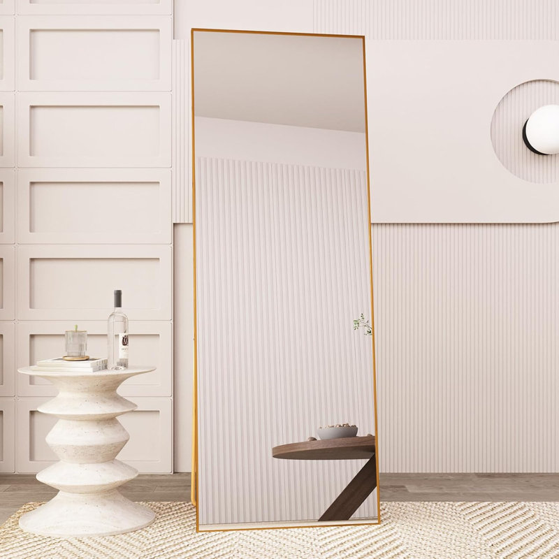 65" x 24" Full Length Mirror with Stand, Gold Wall Mounting Full Body Mirror, Metal Frame Full-Length Tempered Mirror for Living Room, Bedroom
