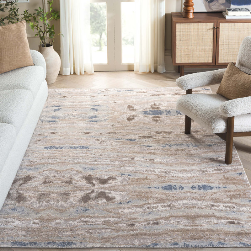 Abstract Hand Knotted Blue/Beige Area Rug, Rectangle 6' x 9'