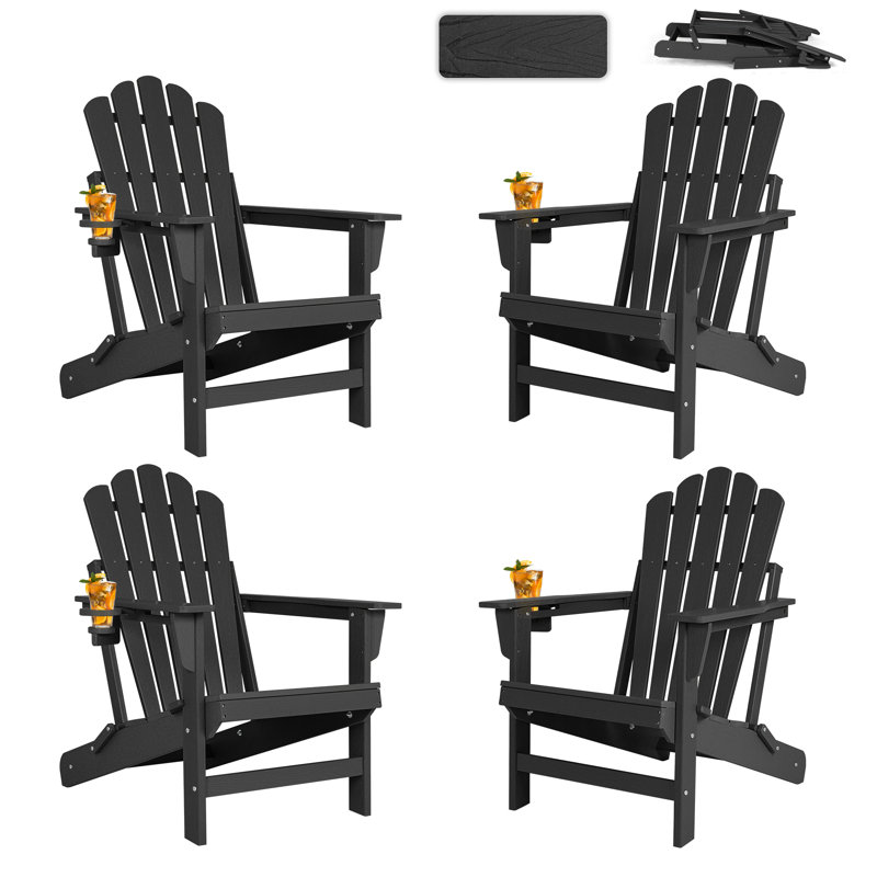 Foldable HDPE Outdoor Adirondack Chair With Cup Holder, 4, Black