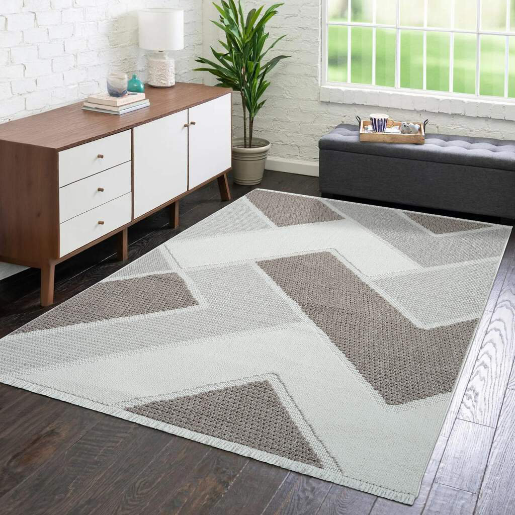 Teppich Lindo 8877 Kurzflor 3D-Optik Fransen Beige Geo-Muster Boho-Stil Wohnzimmer Britane