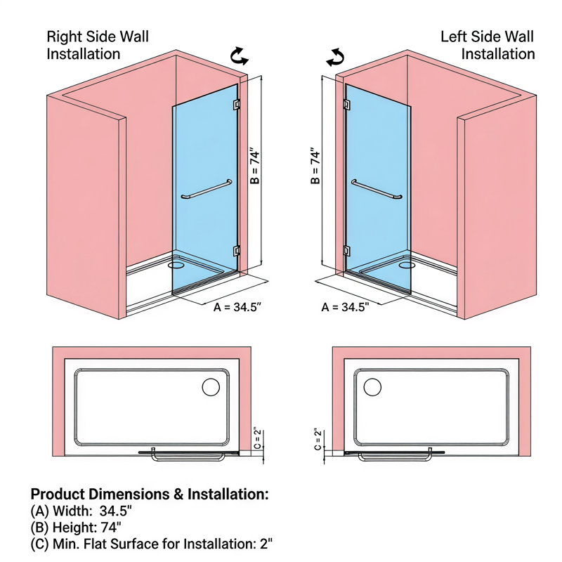 Porte de douche en verre à pivot à fermeture en douceur 34-1 / 2 po x 74 po, verre trempé transparent de 3/8 po (10 mm), porte de douche battante à charnière avec porte-serviettes, panneau de verre simple avec revêtement double face, noir