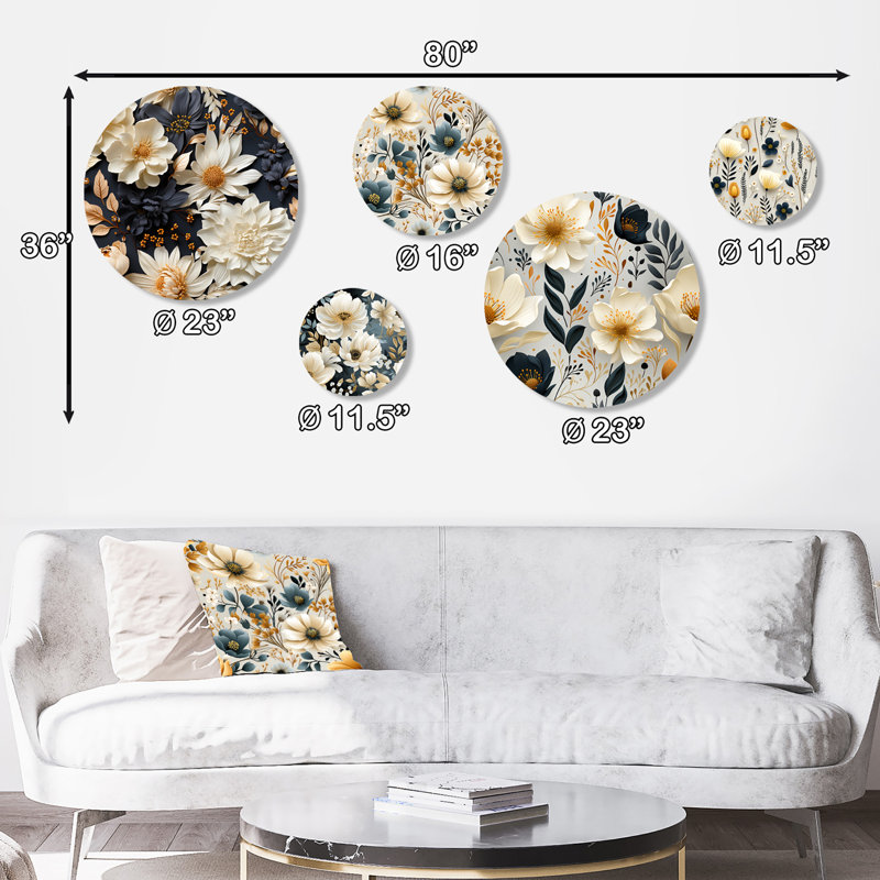 «White Dahlia Cottage Collage» - ensemble d'art mural floral rond blanc sur 5