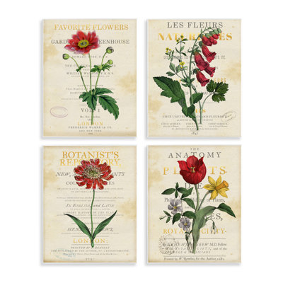 Vintage Flowers over Antique Pages 4 Piece Wall Plaque Art Set, design by Susan Arnot
