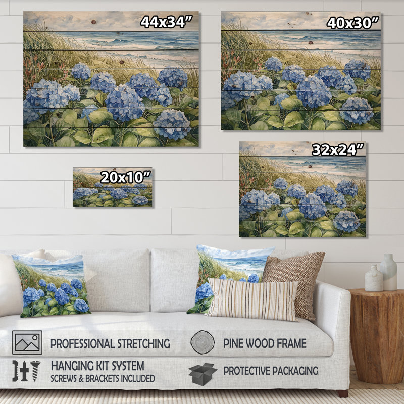 Hortensias dans le jardin côtier III - décoration murale en bois d'hortensias - sur bois de pin naturel, H 30 po x l 40 po