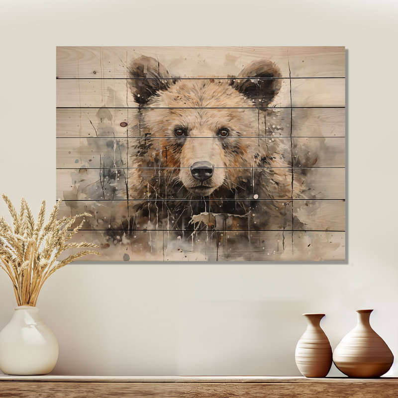 Ours, portrait d'un ours - Minimalisme, art mural sur bois de pin naturel, H 10 po x l 20 po
