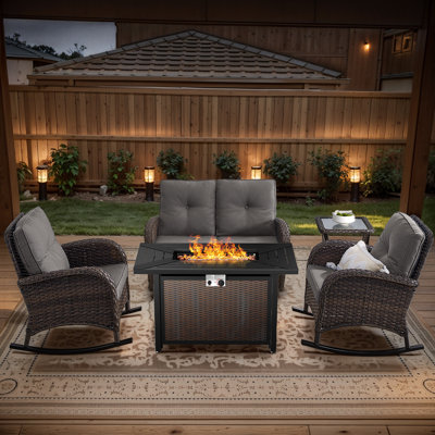 Aluel 5-Pieces Outdoor wicker patio Conversation Set with Gliding Loveseat and Rectangular Fire Pit Table with Windshield