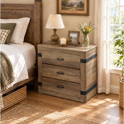 Nightstand with 3 Drawers, Vintage Rustic Bedside Table with Rounded Corner Design and Metal Rivet Accents