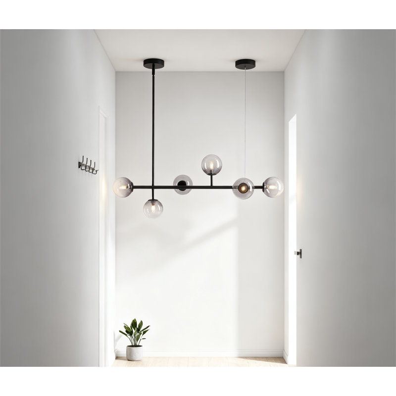 Lustre spoutnik linéaire moderne à 6 lumières de style Mid-Century avec globes en verre fumé pour îlot de cuisine, salon, intensité réglable noir