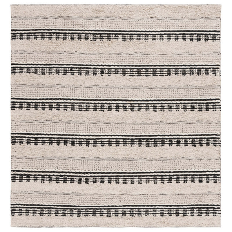 Alva Striped Handwoven Cotton Area Rug in Beige/Black, Square 6'
