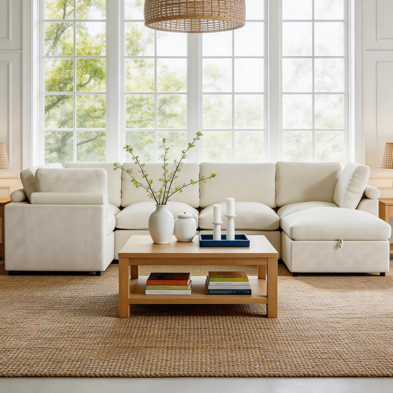 7 - Piece L Shaped Chenille Modular Sofa Living room Corner Sofa Sectional Couch with Storage Ottoman, White