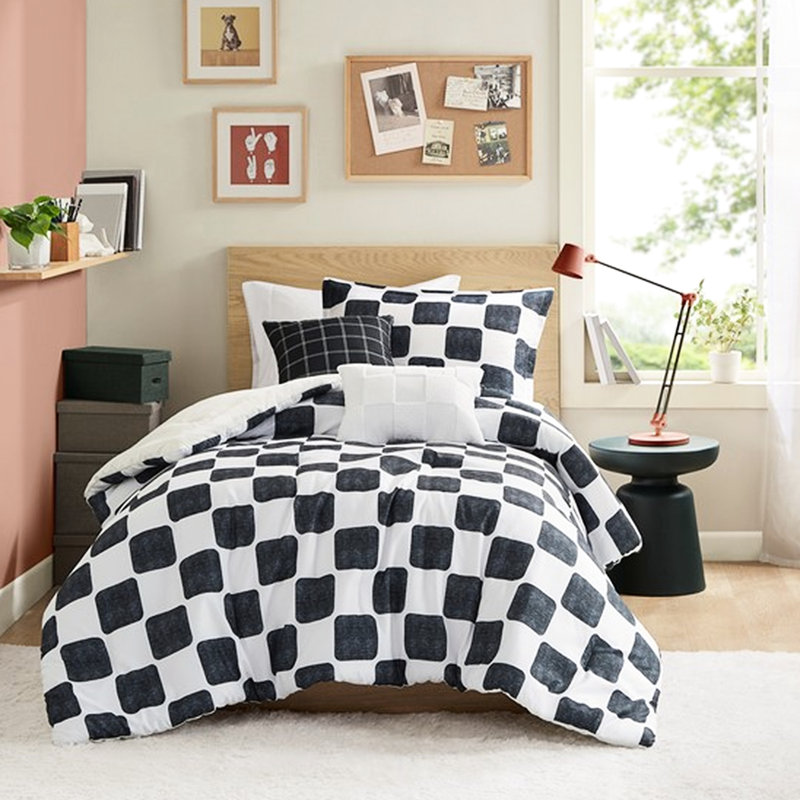 Édredon simple / simple en microfibre à carreaux TG avec rembourrage, -, lavable à la machine, 1 édredon, taie décorative, 2 coussins décoratifs en toute sécurité, imprimé noir et blanc, coussins,