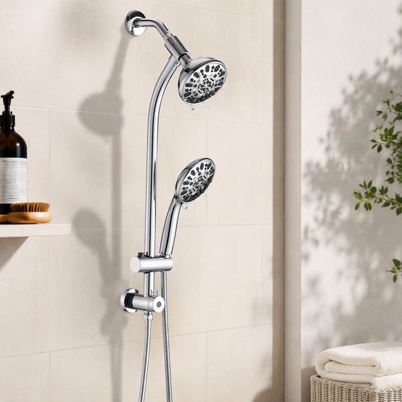 Drill-Free Stainless Steel Slide Bar Combo Rain Showerhead 7-Setting Hand, Dual Shower Head Spa System, Chrome