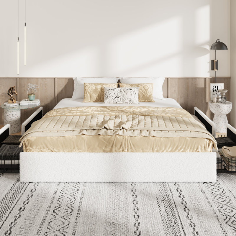Modern Teddy Bouclé Platform Storage Bed With 4 Locking Drawers, No Box Spring Needed, Queen