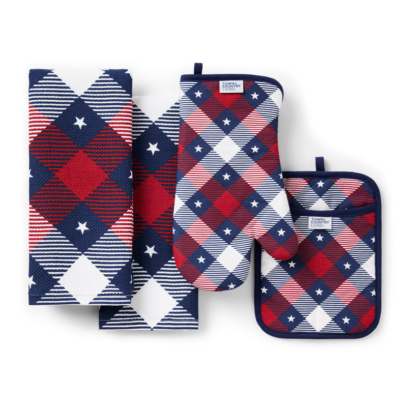 TOWN & COUNTRY LIVING Patriotic Plaid Kitchen Towel, Oven Mitt & Pot Holder 4-Pack, Red/White/Blue