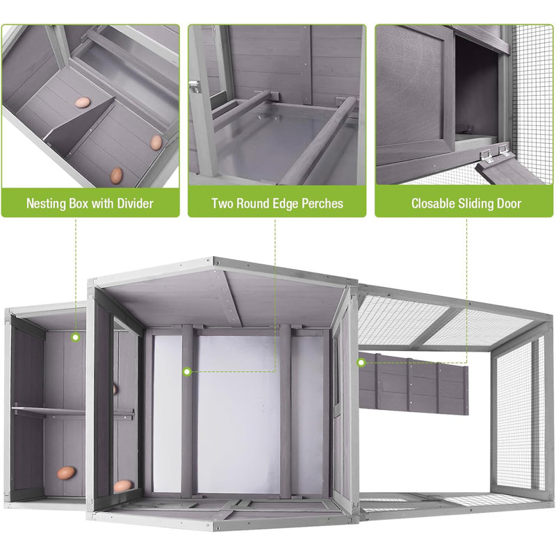 17.1 Square Feet Chicken Coop with Chicken Run For Up To 4 Chickens, Gray