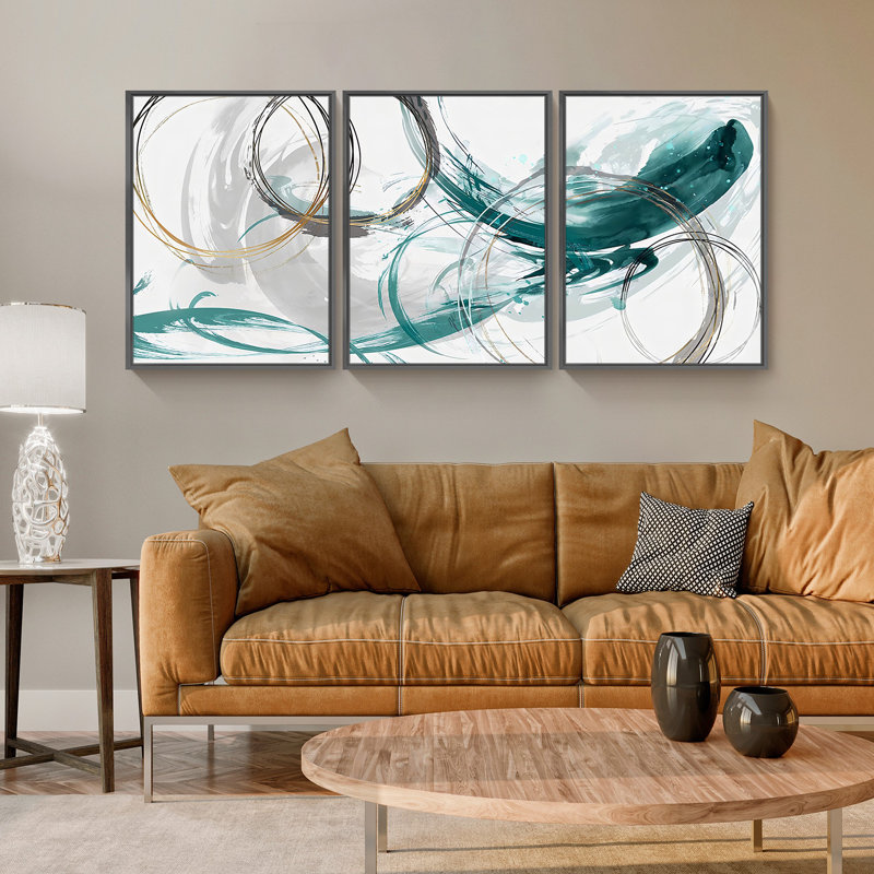 Abstrait - Peinture sur toile 3 pièces, Cadre noir, H 16 po x l 36 po