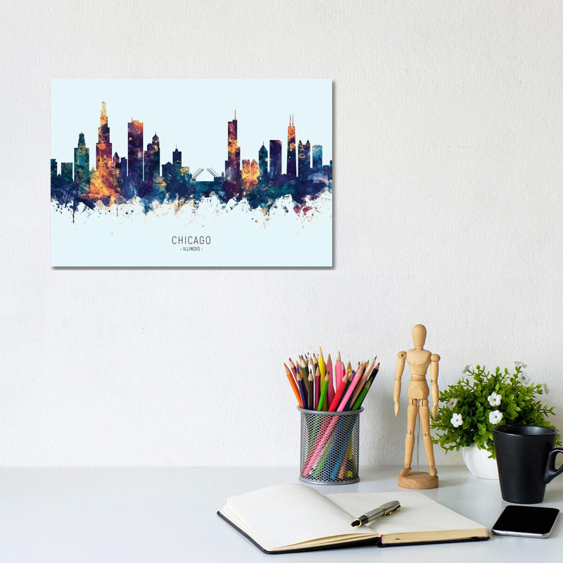 Chicago Illinois Skyline Blue Orange by Michael Tompsett - 1 Piece Wrapped Canvas Wall Art, 20.32 cm H x 30.48 cm W