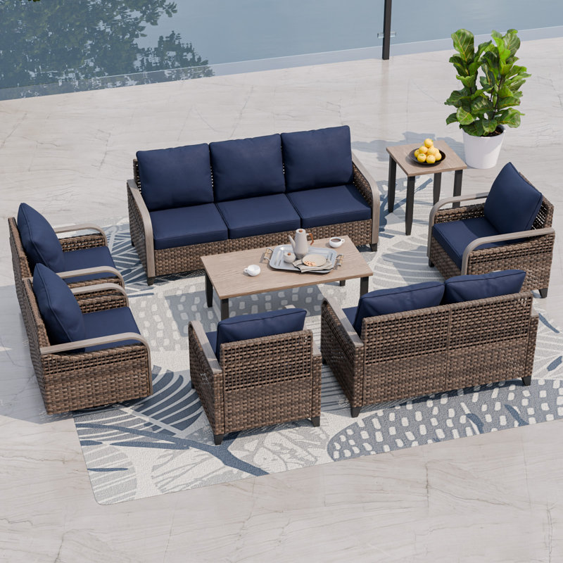 Ensemble de conversation d'extérieur 9 personnes avec coussins, Bleu