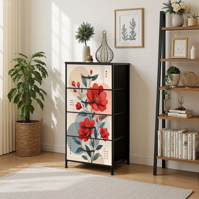4 Drawer Vertical Storage Dresser Elegant Red Flowers Modern Geometric with Wood Top Fabric Pull Drawers