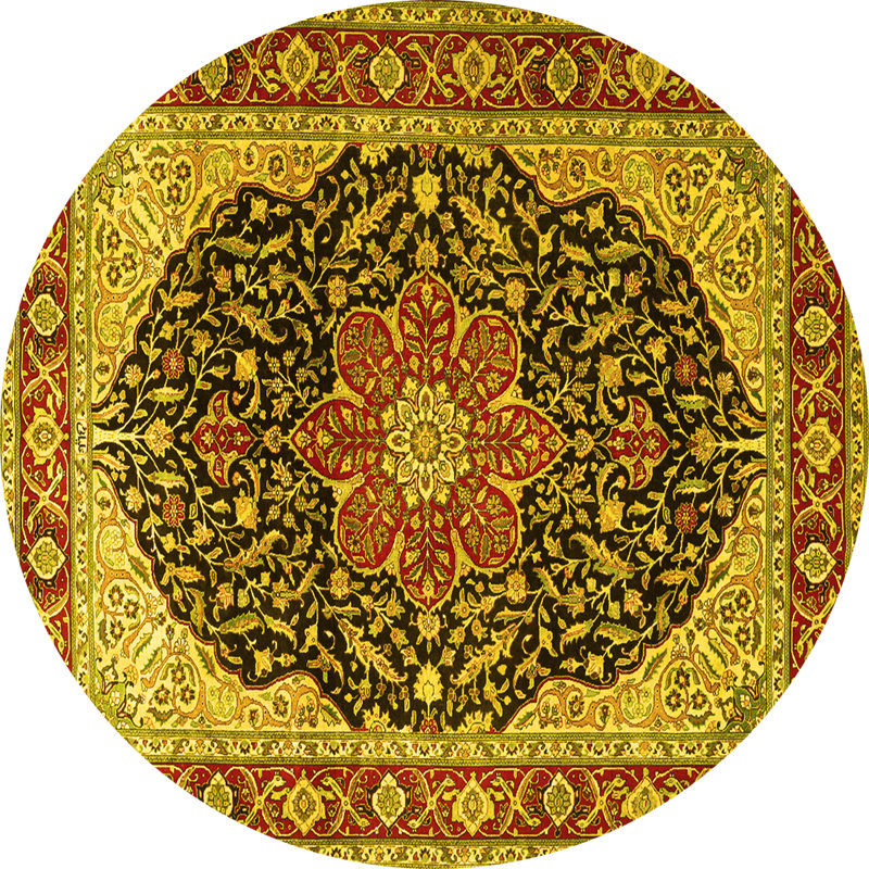 Tapis traditionnels jaunes lavables à la machine 1052, Rond 3 pi