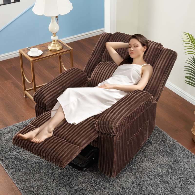 Corduroy Recliner Chair, Manual Recliner Sofa with Handle, Pillow Top Arms, Thick Padding, Side Pocket, Brown