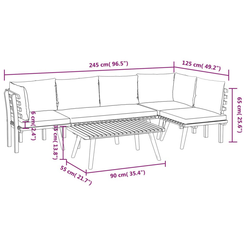 Chaise longue avec coussins 4 pièces Damita, 2x Corner + Middle + Bench + Table