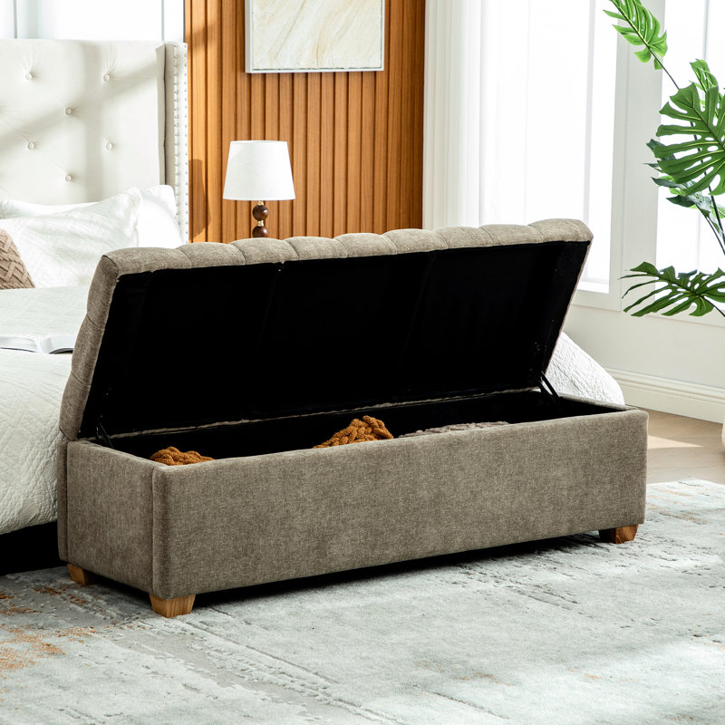 Banc de rangement en chenille de 60,2 po de largeur, tabouret d'appoint rabattable avec pieds en bois d'hévéa, capacité de 300 lb, résistant aux égratignures, trous de ventilation, charnières pour fenêtre