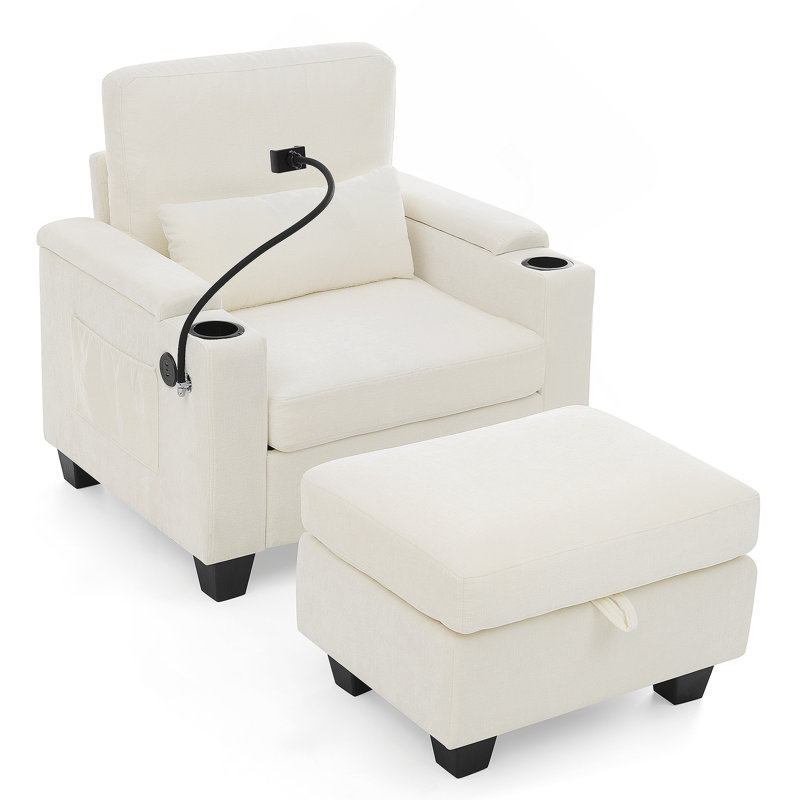 Single Sofa Recliner With Manually Adjustable Backrest, USB Charging Port On The Armrest Side, Phone Stand Included, Hidden Armrest Storage, And A Matching Storage Ottoman-Beige