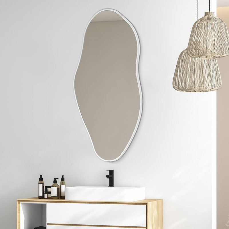 Everly 20 in. W x 42 in. H Large Irregular Framed Decorative Wall Mirror, Asymmetrical Wavy, White, White