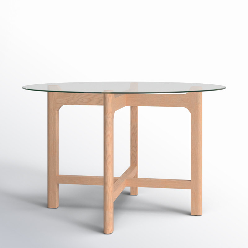 Angelou Round Glass Top Solid Wood Base Dining Table, Clear Top/Oak Base