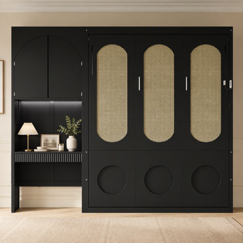 Lit escamotable Queen Size avec armoire de rangement latérale, éclairage DEL, bureau intégré, tiroirs et portes d'armoire cintrées