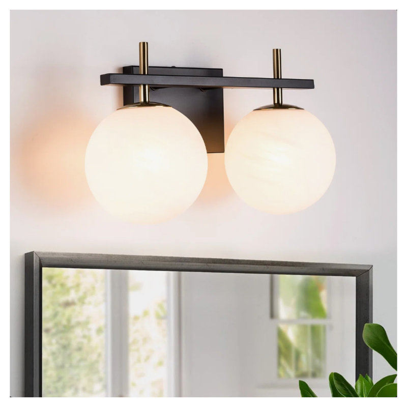 Applique murale moderne noire et dorée à 2 lumières avec abat-jour en verre texturé marbre blanc, Black