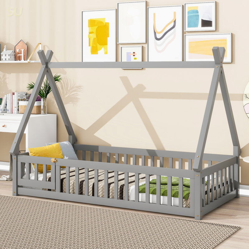 Lit simple en forme de tente, avec garde-corps, lattes, porte, gris, lit, Gris, Lit simple