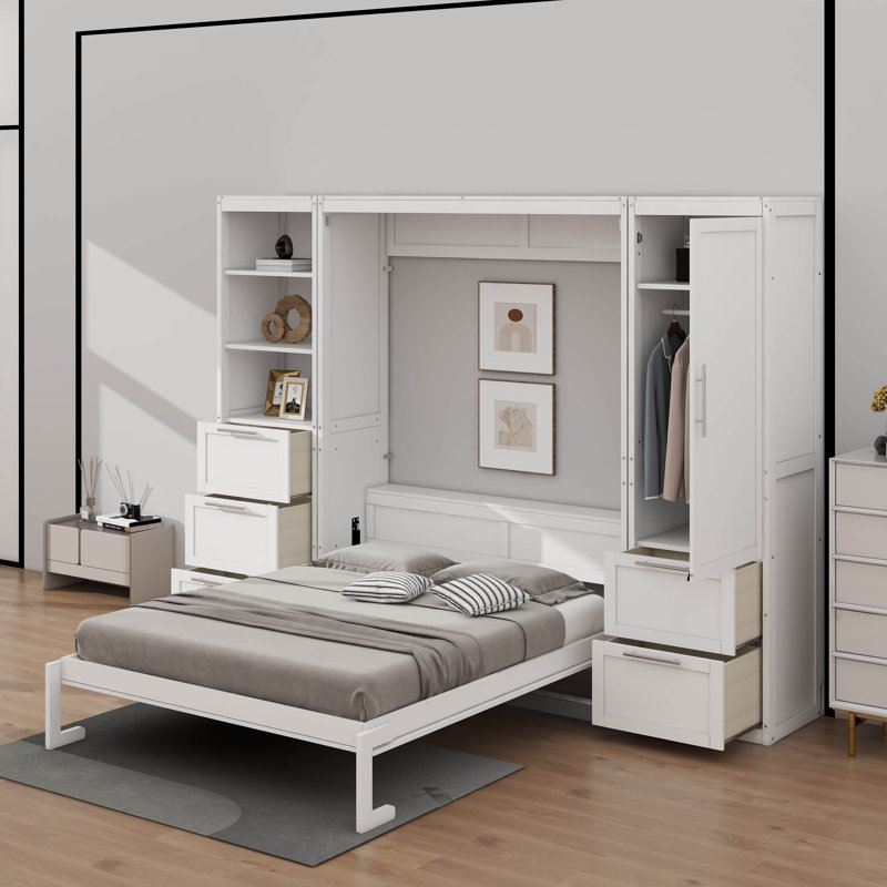 Grand lit escamotable avec tiroirs et tablettes, Blanc