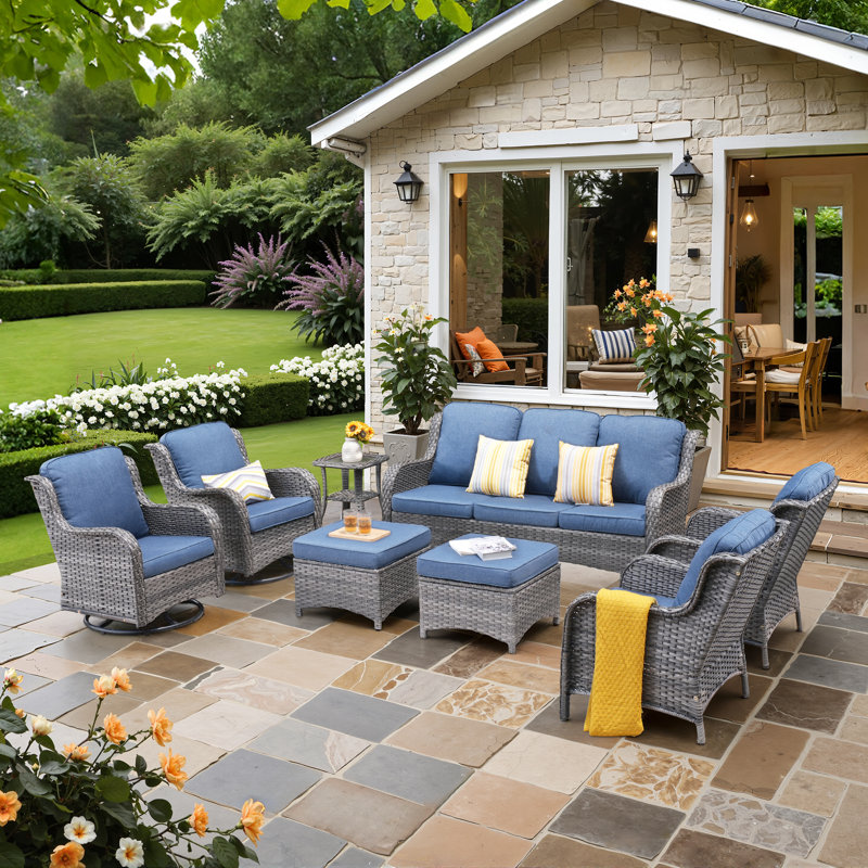 Wicker/Rattan 7 - Person Seating Group With Cushions, Blue Cushion/Gray Frame