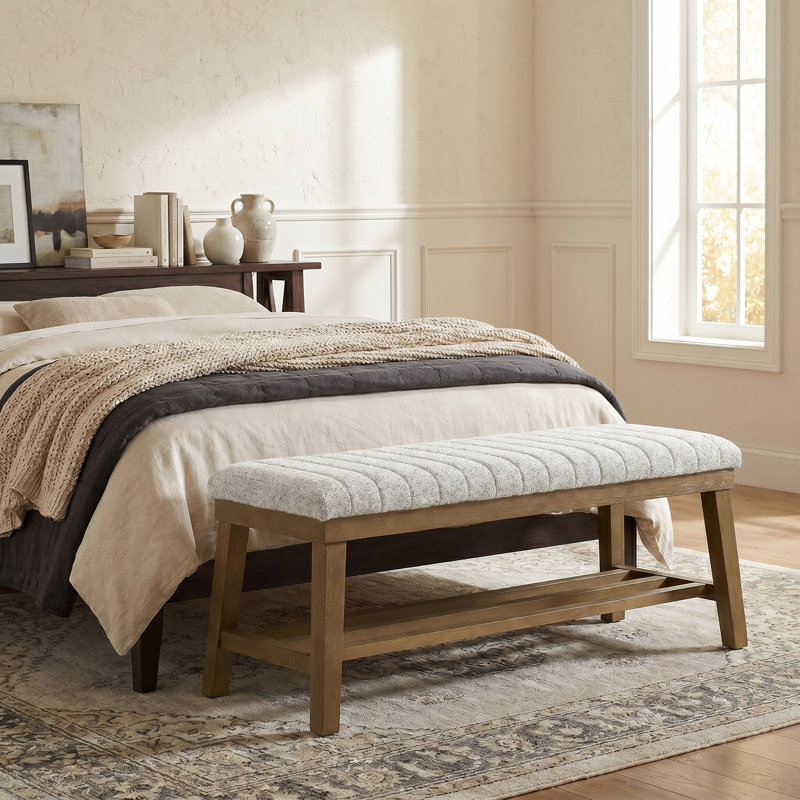 Modern Upholstered Storage Bench Solid Wood Entryway Shoe Bench, Beige Striped