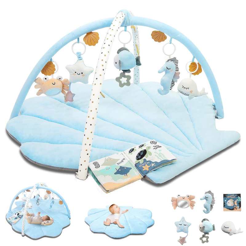 Baby Play Gym Mat, Oversize Baby Tummy Time Play Mat With 6 Detachable Toys For Sensory Exploration Motor Skill Development, Newborn Essentials Shower Gift Activity Mats For Babies,Blue