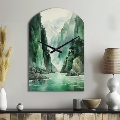 Green 0 Cliff Glacial Symmetry I - Asymmetrical Country Metal Wall Clock, Green Wall Clock Print