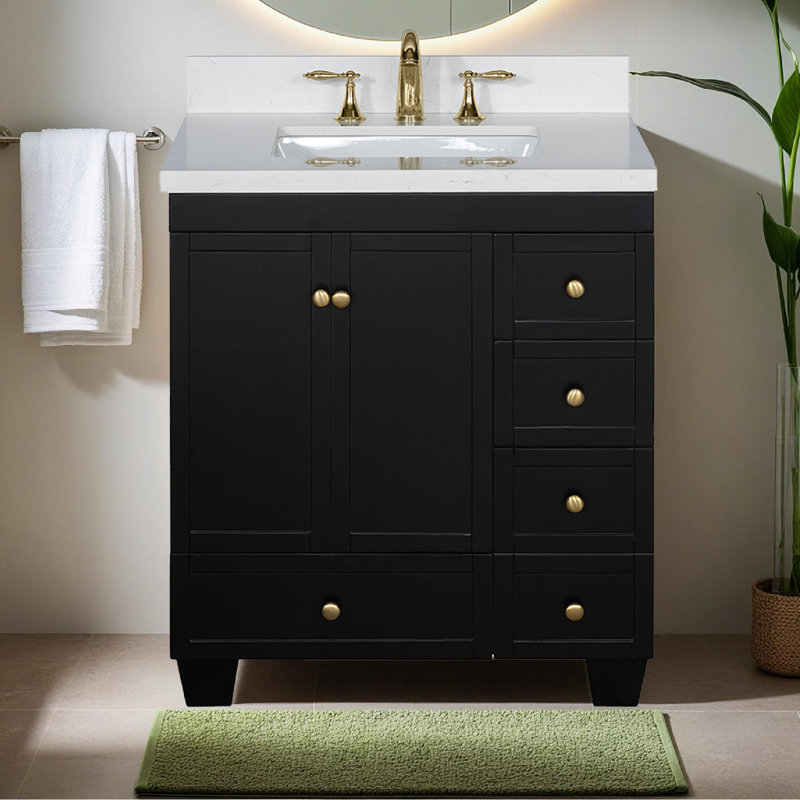  Depos 30 Inch Bathroom Vanity with Sink, Black – 100% Premium Solid Wood Vanity Cabinet – 1.5" Thick Quartz Countertop – Water-Resistant Finish – Fully Assembled