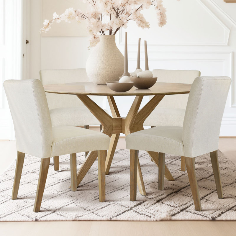 18.5" Seat Height Linen Blend Upholstered Solid Wood Legs Dining Chairs, Cream