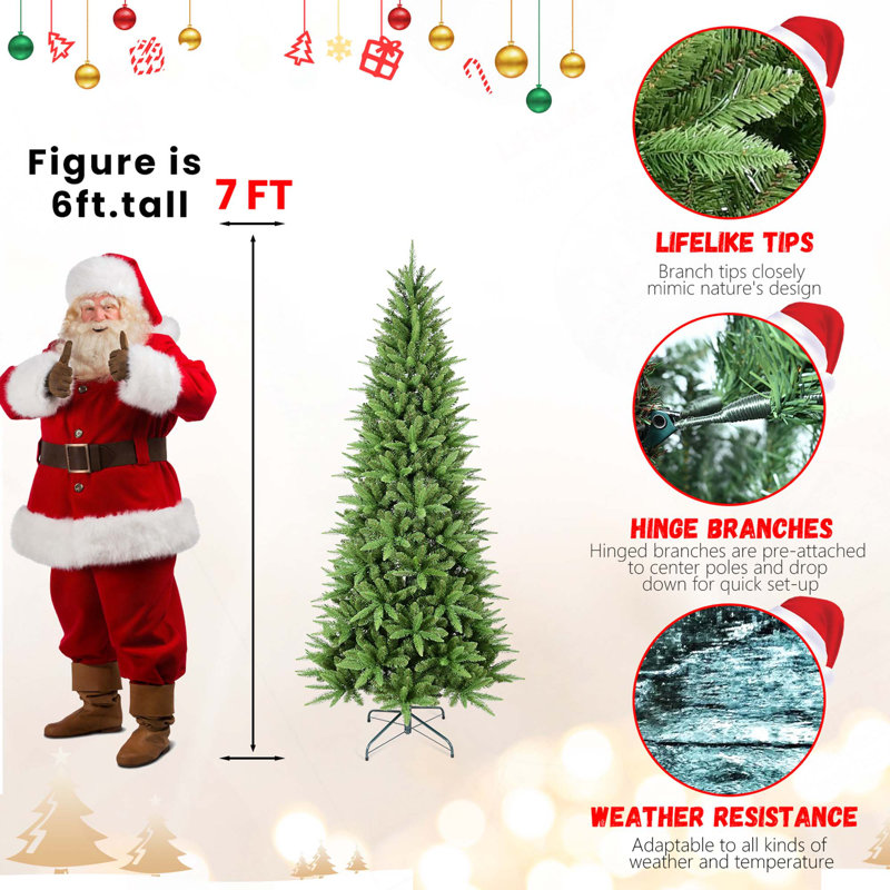 Arbre de Noël à charnière mince avec branches en PE + PVC et support en métal stable, 4'