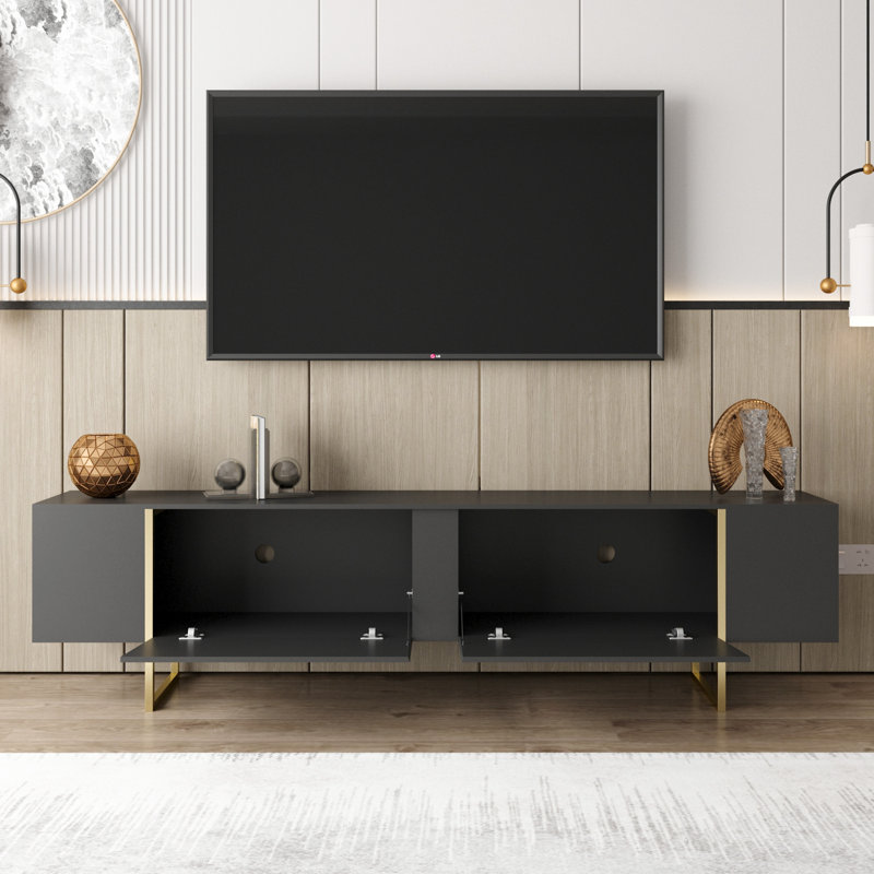 Mercer41 Tv Stand 71” With Gold Legs And Two Spacious Doors, Black