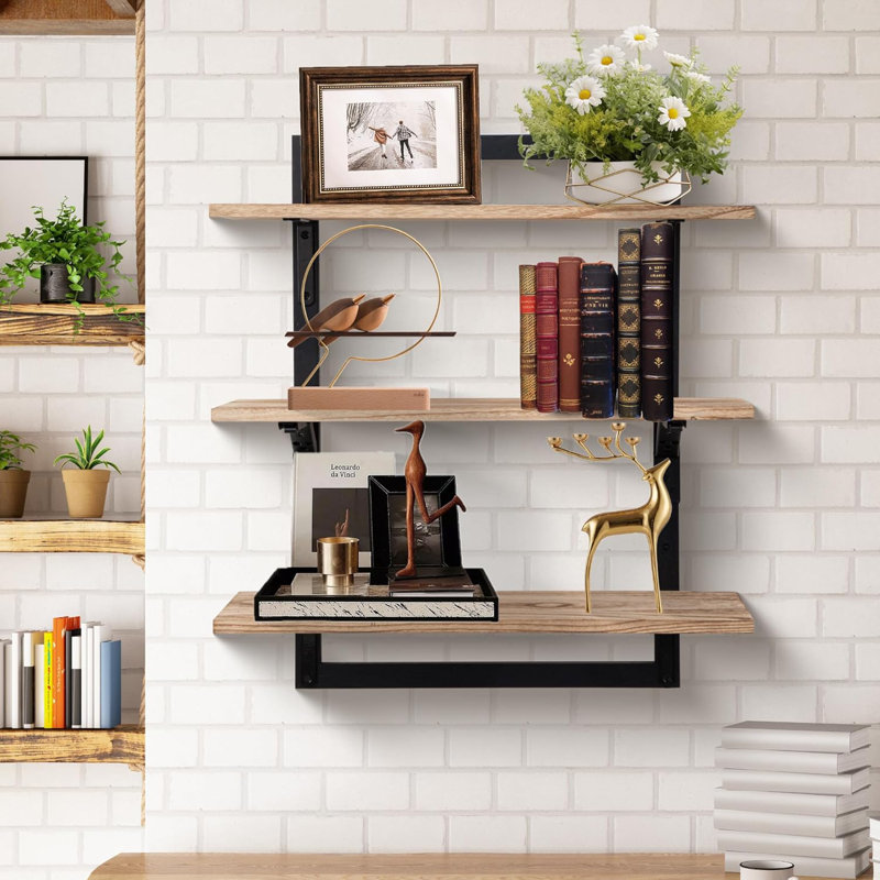 Tablettes flottantes de 23,6 pouces pour le mur, tablettes murales en bois à 3 niveaux avec supports pliables, rangement robuste pour la cuisine, le salon, la chambre à coucher et la salle de bain