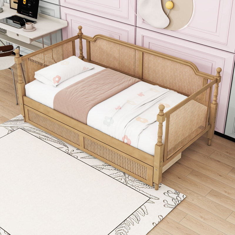  Wooden Daybed with Headboard and Drawer, Twin, Antique Walnut