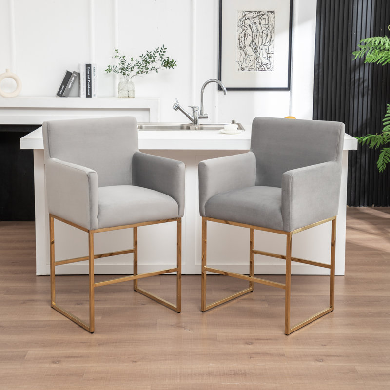 Upholstered Counter Stool With Metal Frame, Gray
