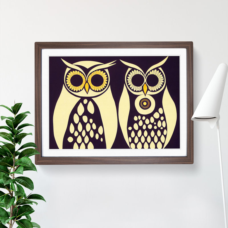 Retro Owls - Single Picture Frame Painting, 46cm H x 64cm W x 2cm D, Walnut Framed