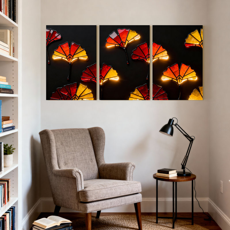 Ensemble de 3 tableaux sur toile à motif d'éventail en vitrail, H 30 po x l 60 po